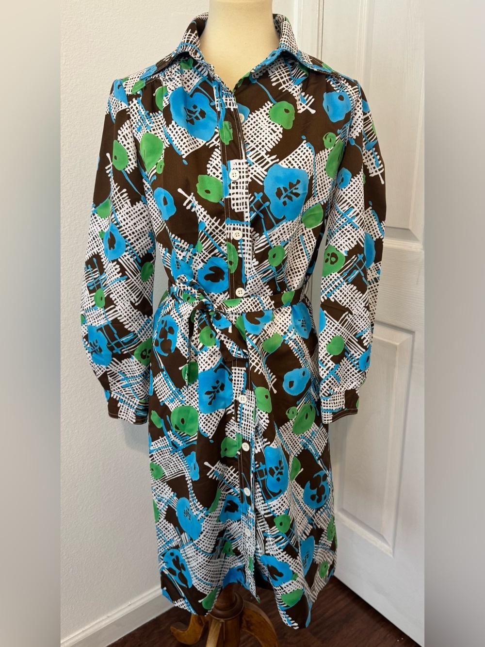 Vintage 1970s Hobnobber Shirt Dress Geometric Print Button Front Retro Med
